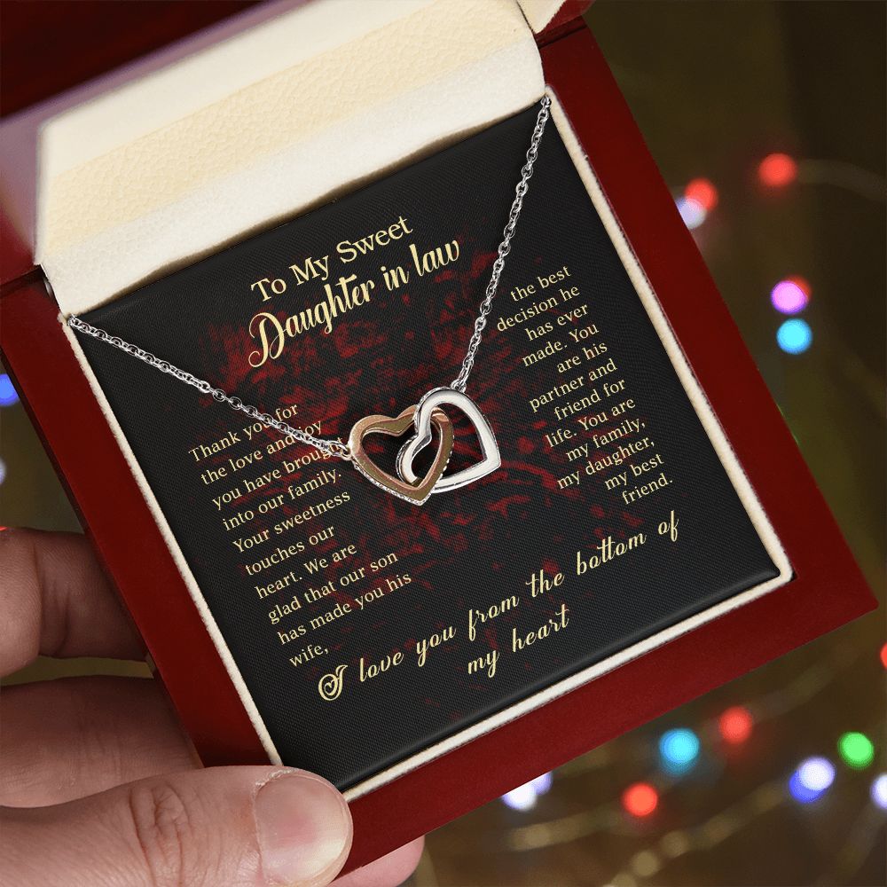 To my Daughter In Law Necklace Pendant Thank You For The Love And Joy With Message Card Gift Box Gift For To Daughter, Daughter In Law On Birthday Anniversary Gift Interlocking Hearts Necklace
