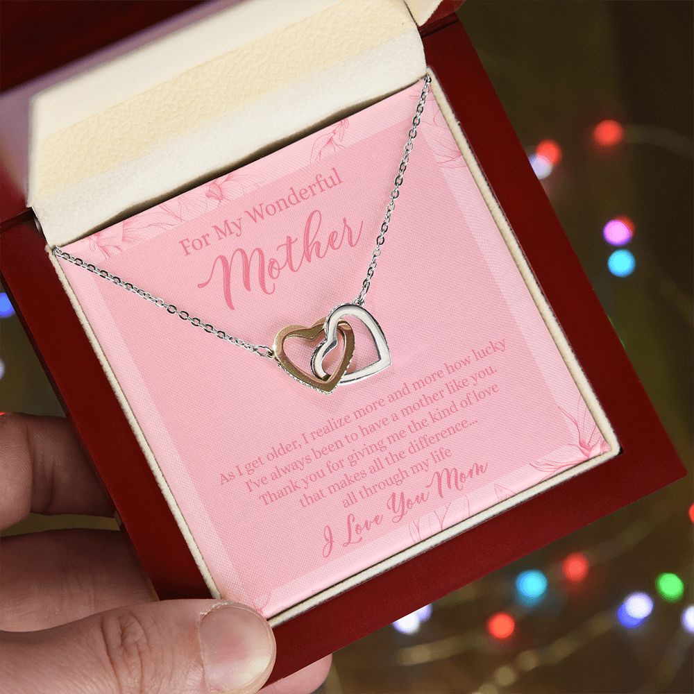 To My Wonderful Mother Necklace Message Card, Gift Box for Mom Birthday Gift From Daughter Mothers Day Necklace for Mom Gift From Daughter Mom Gifts For Wedding Mom Thank You Gift For Mom Interlocking Hearts Necklace