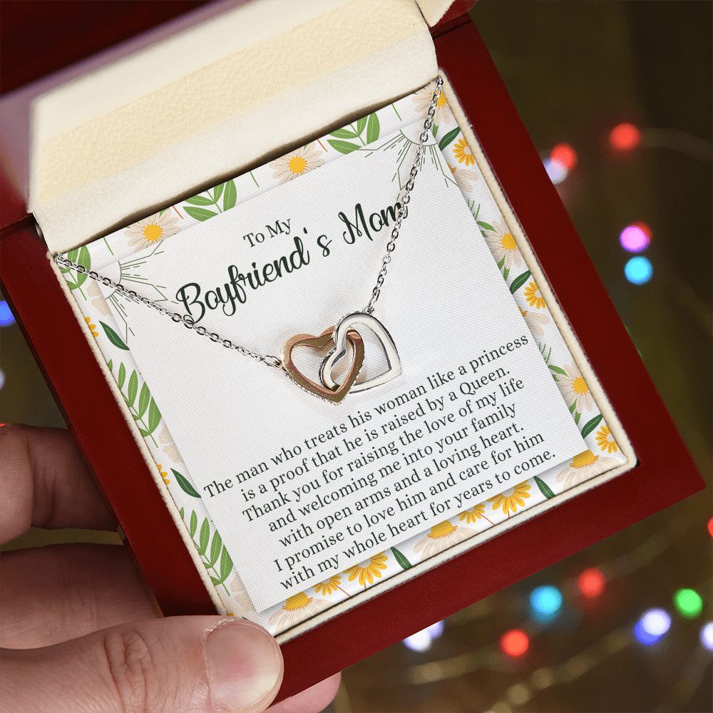 To My Boyfriend's Mom Necklace with Message Card Box, Boyfriends Mom Gift Necklace for Boyfriends Mom Mother Girlfriends to Boyfriend Mom Gift for Mom of Boyfriend Custom Message Card Interlocking Hearts Necklace