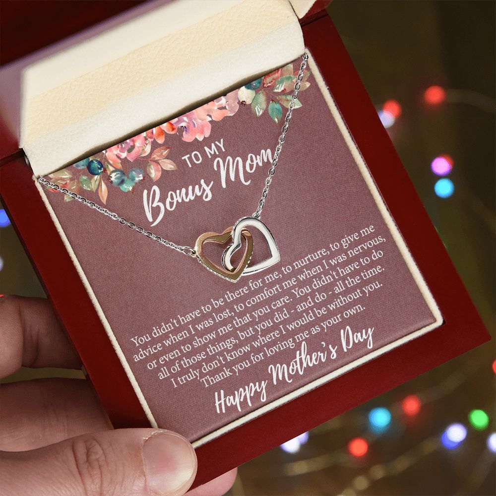 To My Bonus Mom Necklace, Gift for Bonus Mother From Bonus Daughter to Stepmom Jewelry Gift for Mother's Day, Valentine's, Birthday, Anniversary Interlocking Hearts Necklace