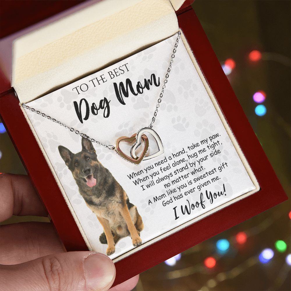 To The Best German Shepherd Dog Mom Knot Necklace Mother's Day Gift , I Woof You Quote Gift Card, Message Card Jewelry For Dog Lovers, Necklace For Mom Interlocking Hearts Necklace