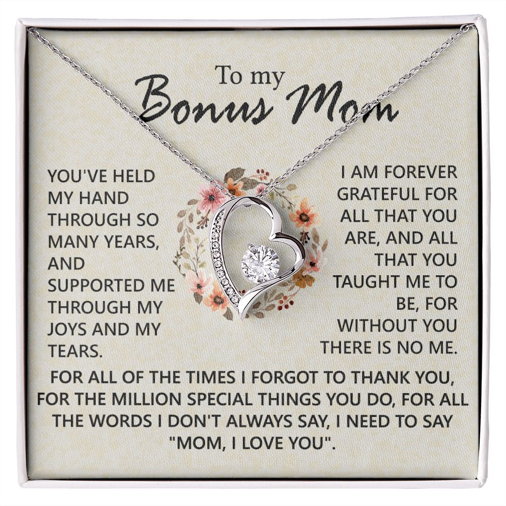 Bonus Mom Jewelry Gift for Stepmom, Foster Mom - Featuring Necklace With Meaningful Message Card & Gift Box for Birthday, Mother's Day Necklace for Bonus Mom Forever Love Necklace