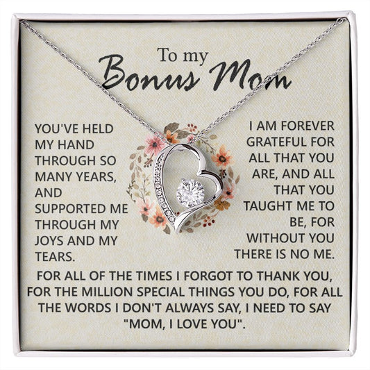 Bonus Mom Jewelry Gift for Stepmom, Foster Mom - Featuring Necklace With Meaningful Message Card & Gift Box for Birthday, Mother's Day Necklace for Bonus Mom Forever Love Necklace