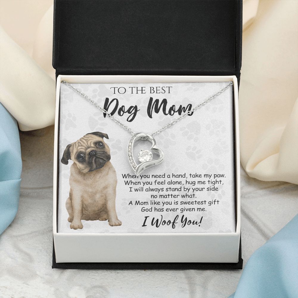 To The Best Pug Dog Mom Knot Necklace Mother's Day Gift , I Woof You Quote Gift Card, Message Card Jewelry For Dog Lovers, Necklace For Mom Forever Love Necklace