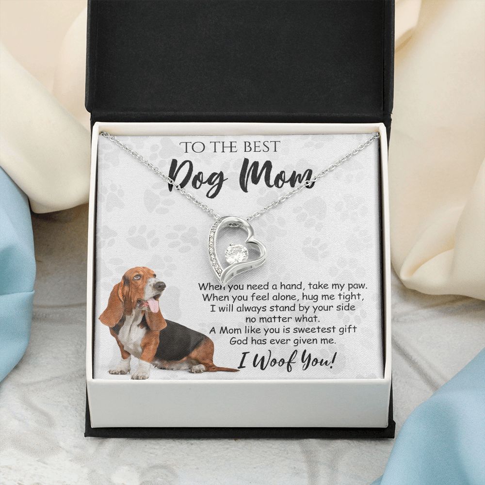 To The Best Basset Hound Dog Mom Knot Necklace Mother's Day Gift , I Woof You Quote Gift Card, Message Card Jewelry For Dog Lovers, Necklace For Mom Forever Love Necklace
