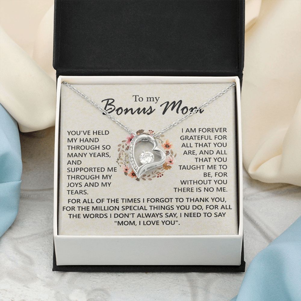 Bonus Mom Jewelry Gift for Stepmom, Foster Mom - Featuring Necklace With Meaningful Message Card & Gift Box for Birthday, Mother's Day Necklace for Bonus Mom Forever Love Necklace
