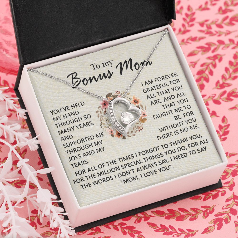 Bonus Mom Jewelry Gift for Stepmom, Foster Mom - Featuring Necklace With Meaningful Message Card & Gift Box for Birthday, Mother's Day Necklace for Bonus Mom Forever Love Necklace