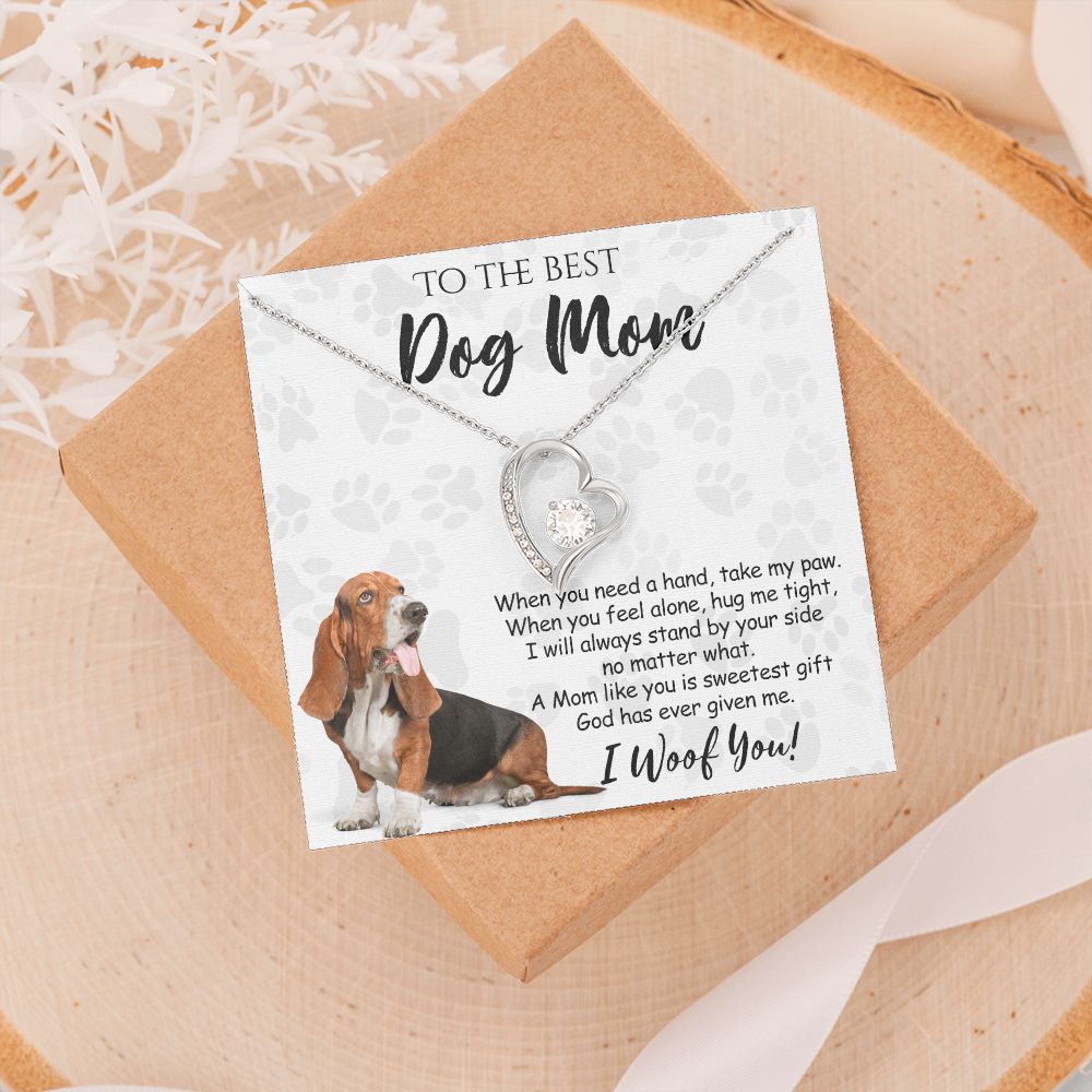 To The Best Basset Hound Dog Mom Knot Necklace Mother's Day Gift , I Woof You Quote Gift Card, Message Card Jewelry For Dog Lovers, Necklace For Mom Forever Love Necklace