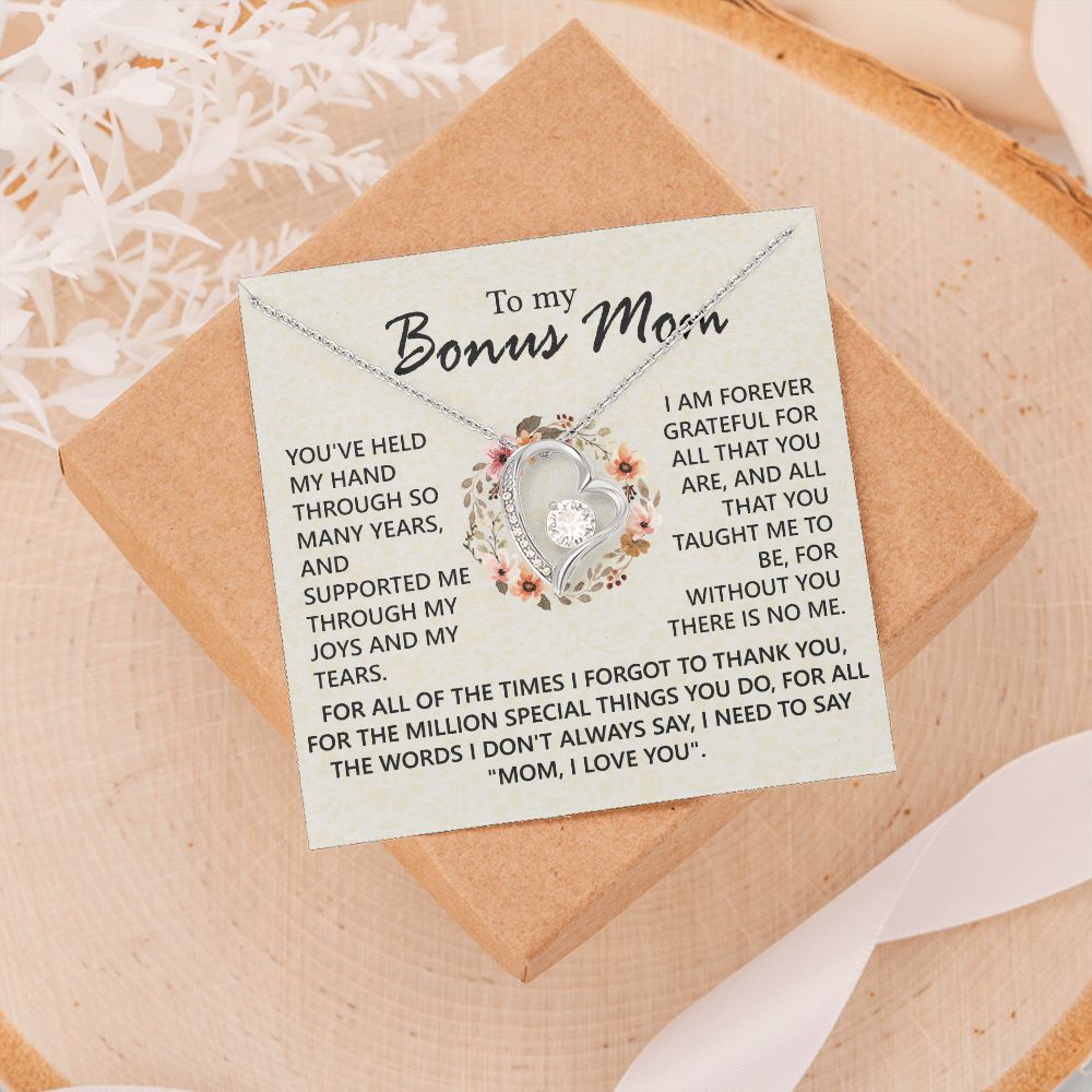 Bonus Mom Jewelry Gift for Stepmom, Foster Mom - Featuring Necklace With Meaningful Message Card & Gift Box for Birthday, Mother's Day Necklace for Bonus Mom Forever Love Necklace