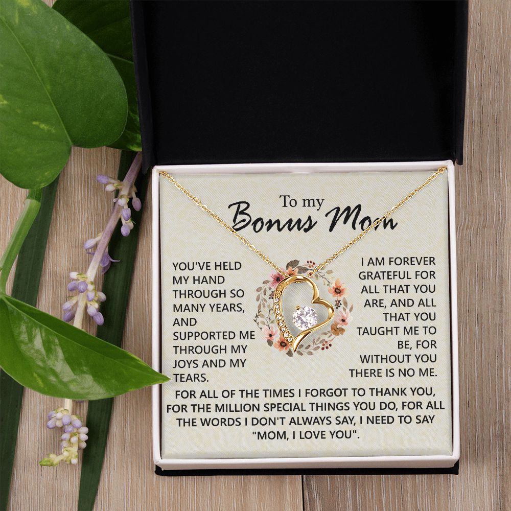 Bonus Mom Jewelry Gift for Stepmom, Foster Mom - Featuring Necklace With Meaningful Message Card & Gift Box for Birthday, Mother's Day Necklace for Bonus Mom Forever Love Necklace