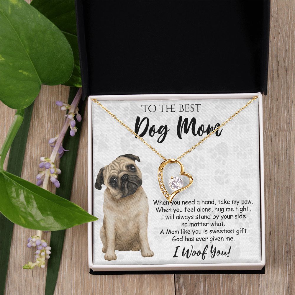 To The Best Pug Dog Mom Knot Necklace Mother's Day Gift , I Woof You Quote Gift Card, Message Card Jewelry For Dog Lovers, Necklace For Mom Forever Love Necklace