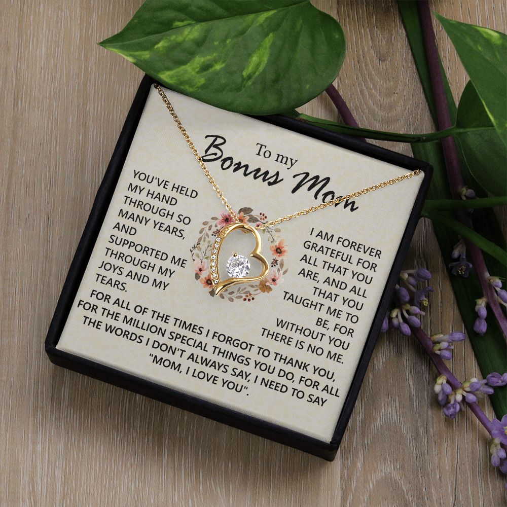 Bonus Mom Jewelry Gift for Stepmom, Foster Mom - Featuring Necklace With Meaningful Message Card & Gift Box for Birthday, Mother's Day Necklace for Bonus Mom Forever Love Necklace