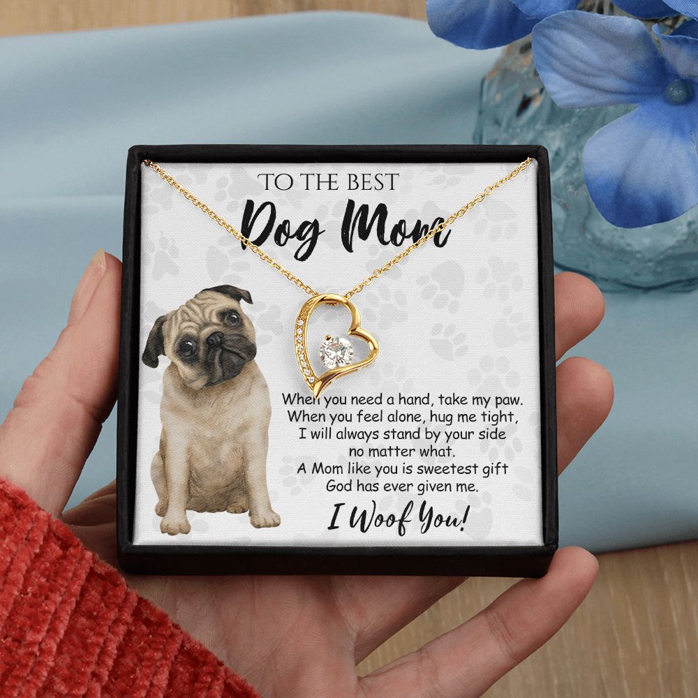 To The Best Pug Dog Mom Knot Necklace Mother's Day Gift , I Woof You Quote Gift Card, Message Card Jewelry For Dog Lovers, Necklace For Mom Forever Love Necklace