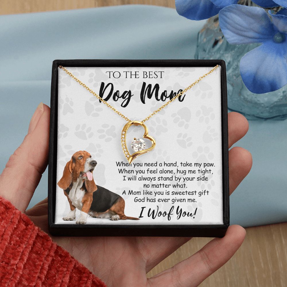 To The Best Basset Hound Dog Mom Knot Necklace Mother's Day Gift , I Woof You Quote Gift Card, Message Card Jewelry For Dog Lovers, Necklace For Mom Forever Love Necklace