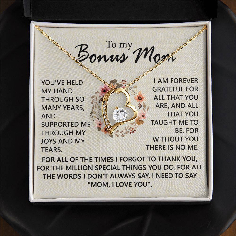 Bonus Mom Jewelry Gift for Stepmom, Foster Mom - Featuring Necklace With Meaningful Message Card & Gift Box for Birthday, Mother's Day Necklace for Bonus Mom Forever Love Necklace