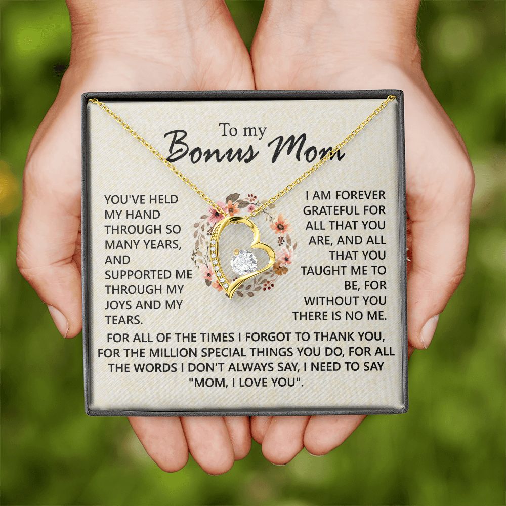 Bonus Mom Jewelry Gift for Stepmom, Foster Mom - Featuring Necklace With Meaningful Message Card & Gift Box for Birthday, Mother's Day Necklace for Bonus Mom Forever Love Necklace