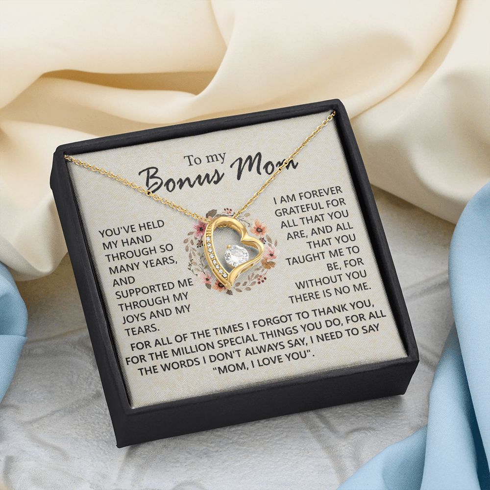 Bonus Mom Jewelry Gift for Stepmom, Foster Mom - Featuring Necklace With Meaningful Message Card & Gift Box for Birthday, Mother's Day Necklace for Bonus Mom Forever Love Necklace