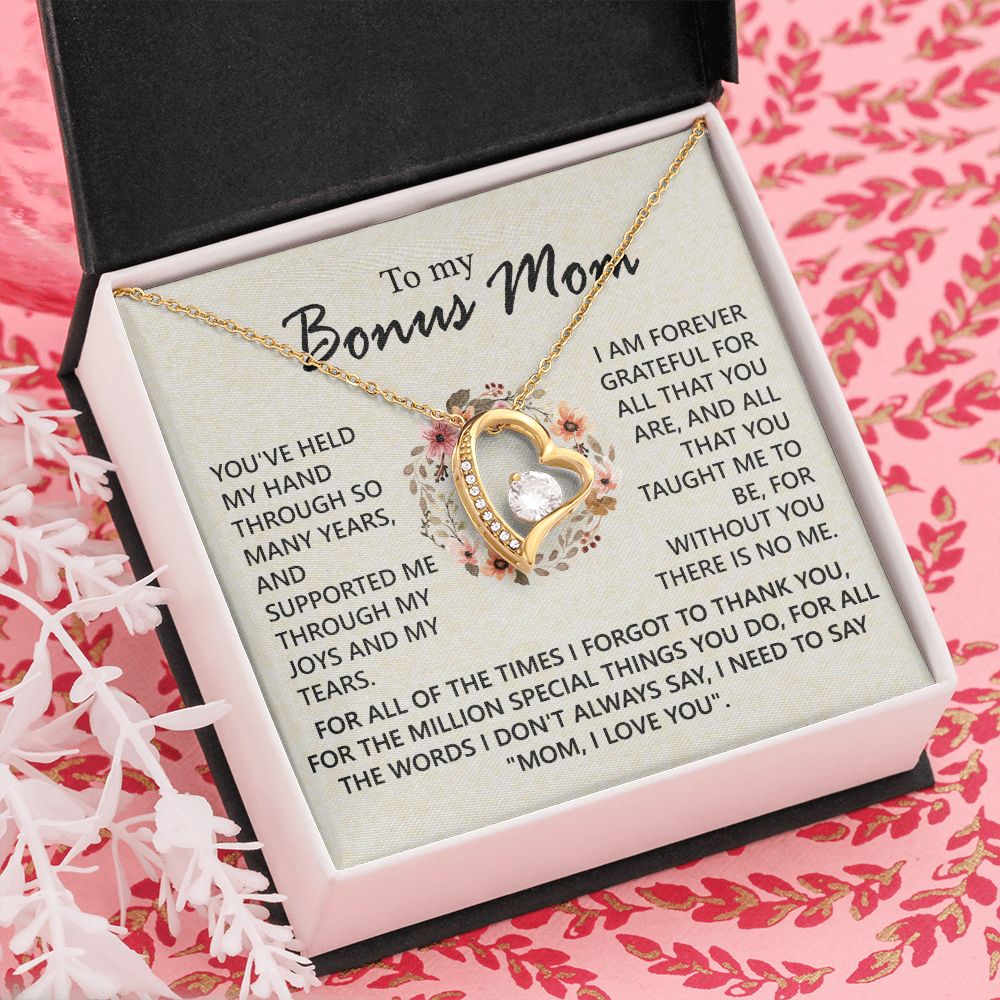 Bonus Mom Jewelry Gift for Stepmom, Foster Mom - Featuring Necklace With Meaningful Message Card & Gift Box for Birthday, Mother's Day Necklace for Bonus Mom Forever Love Necklace