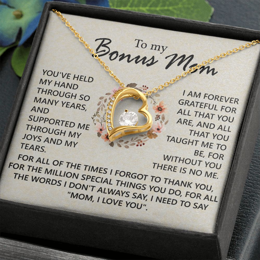 Bonus Mom Jewelry Gift for Stepmom, Foster Mom - Featuring Necklace With Meaningful Message Card & Gift Box for Birthday, Mother's Day Necklace for Bonus Mom Forever Love Necklace