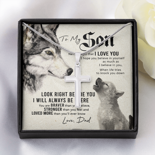 Wolf Father to Son Engraved Cross Necklace Birthday Gift for Son Meaningful gift