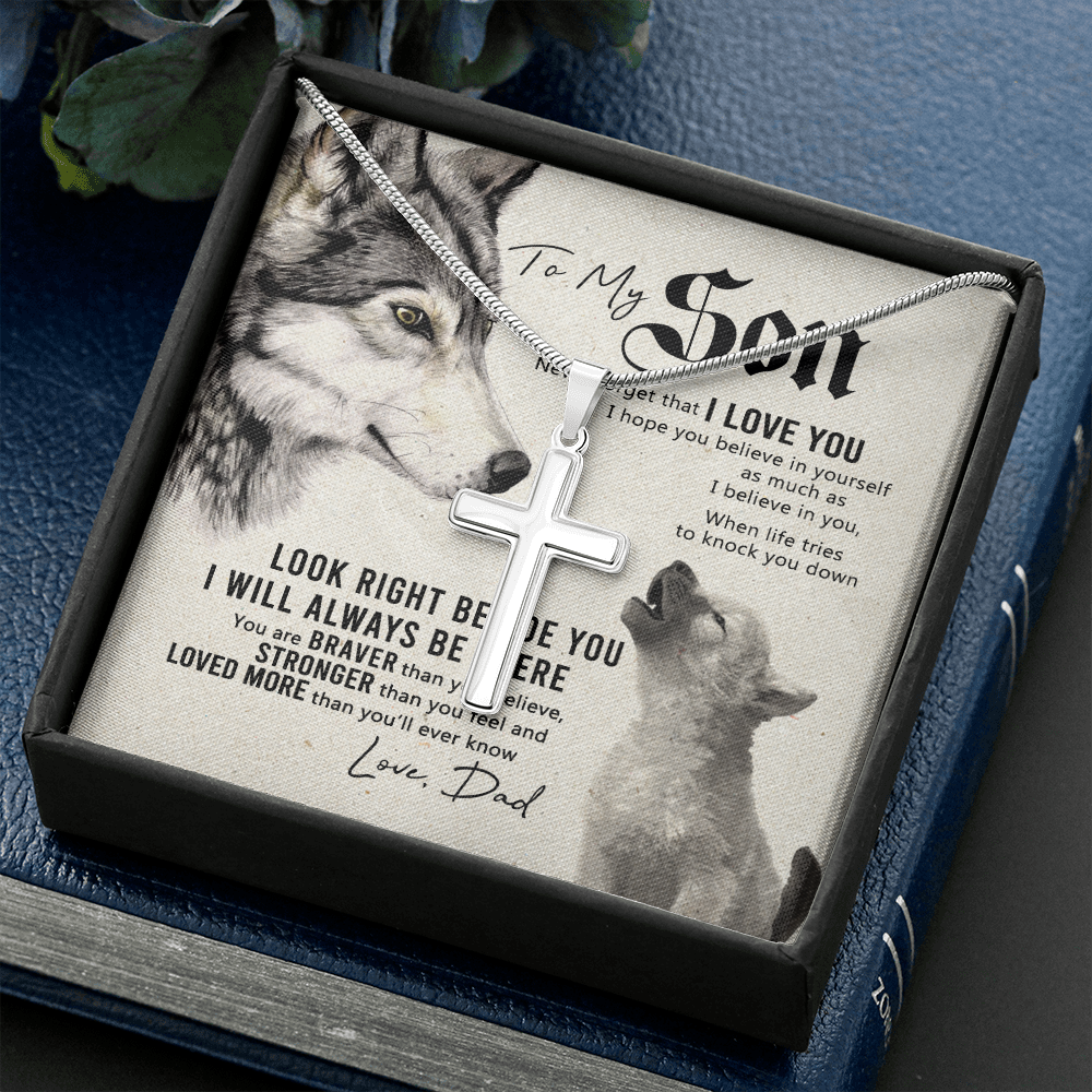 Wolf Father to Son Engraved Cross Necklace Birthday Gift for Son Meaningful gift