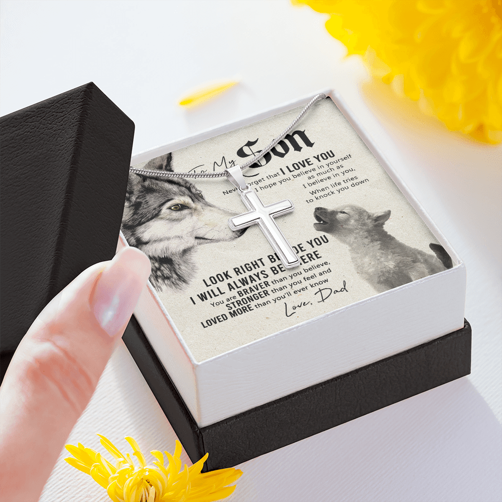 Wolf Father to Son Engraved Cross Necklace Birthday Gift for Son Meaningful gift