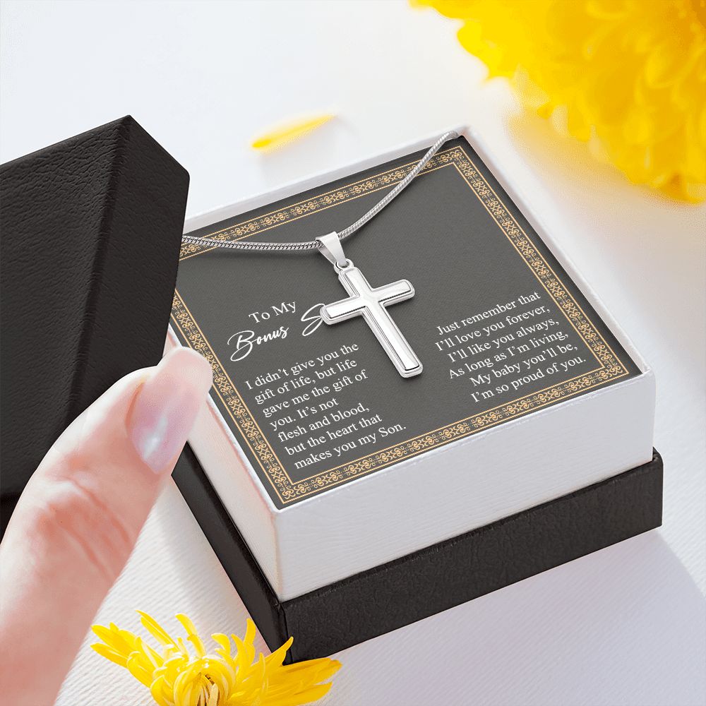 To My Bonus Son Necklace From Mom and Dad Jewelry Son Gifts From Mom and Dad, Mother and Son Necklace, Birthday Gift For My Son Graduation Christmas Stainless Steel Cross Necklace Present for Son