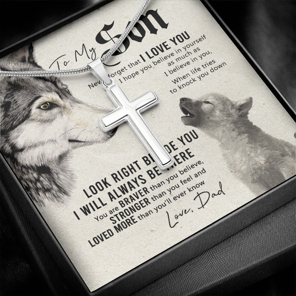 Wolf Father to Son Engraved Cross Necklace Birthday Gift for Son Meaningful gift