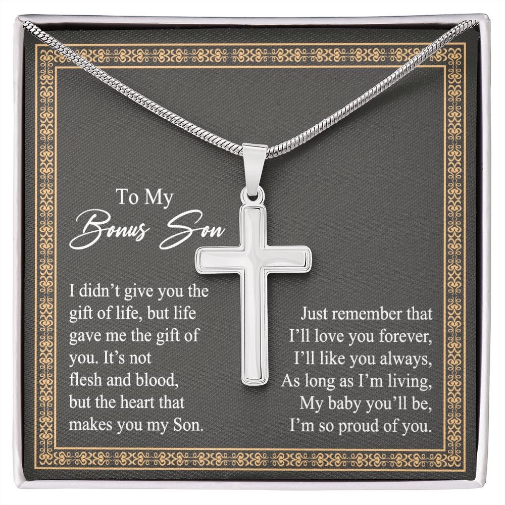 To My Bonus Son Necklace From Mom and Dad Jewelry Son Gifts From Mom and Dad, Mother and Son Necklace, Birthday Gift For My Son Graduation Christmas Stainless Steel Cross Necklace Present for Son