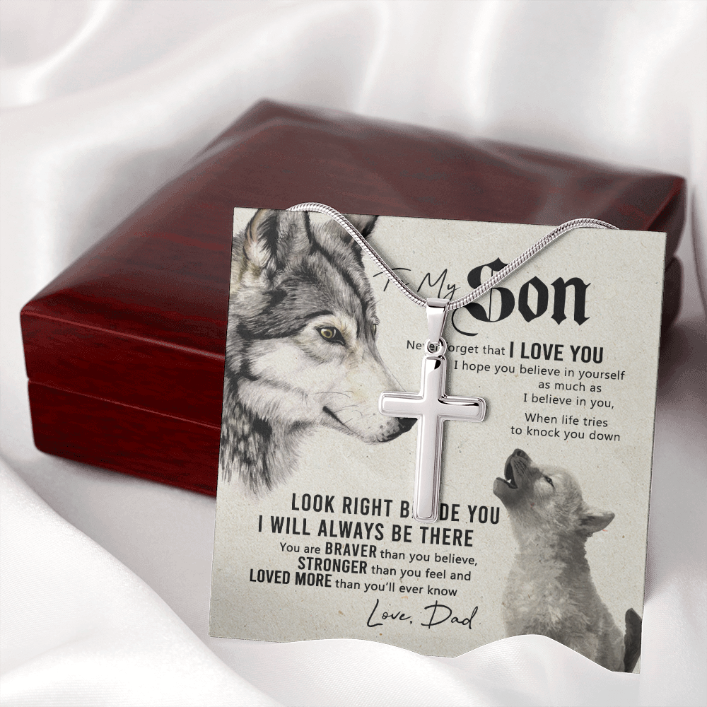 Wolf Father to Son Engraved Cross Necklace Birthday Gift for Son Meaningful gift