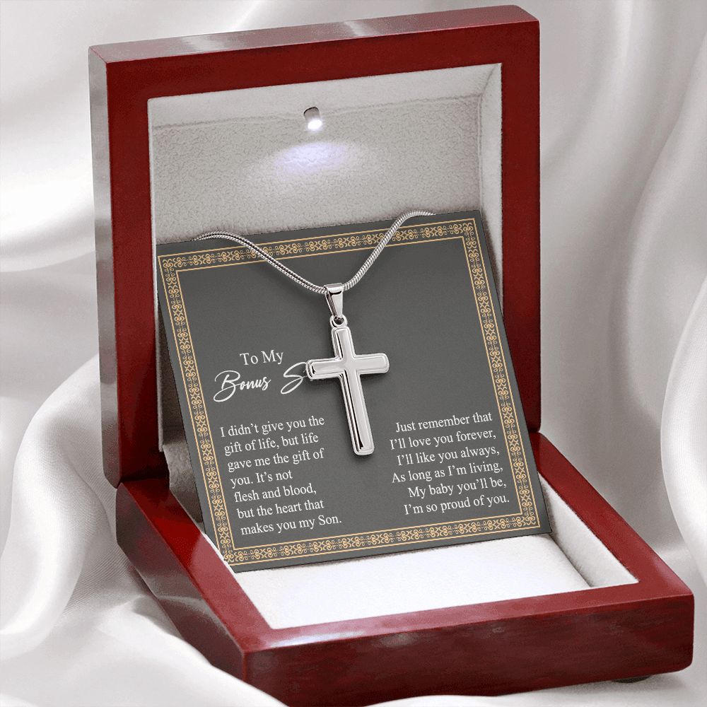 To My Bonus Son Necklace From Mom and Dad Jewelry Son Gifts From Mom and Dad, Mother and Son Necklace, Birthday Gift For My Son Graduation Christmas Stainless Steel Cross Necklace Present for Son