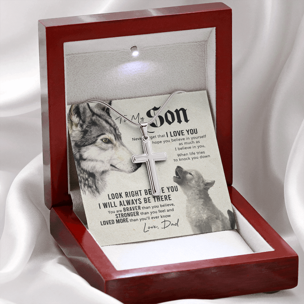 Wolf Father to Son Engraved Cross Necklace Birthday Gift for Son Meaningful gift