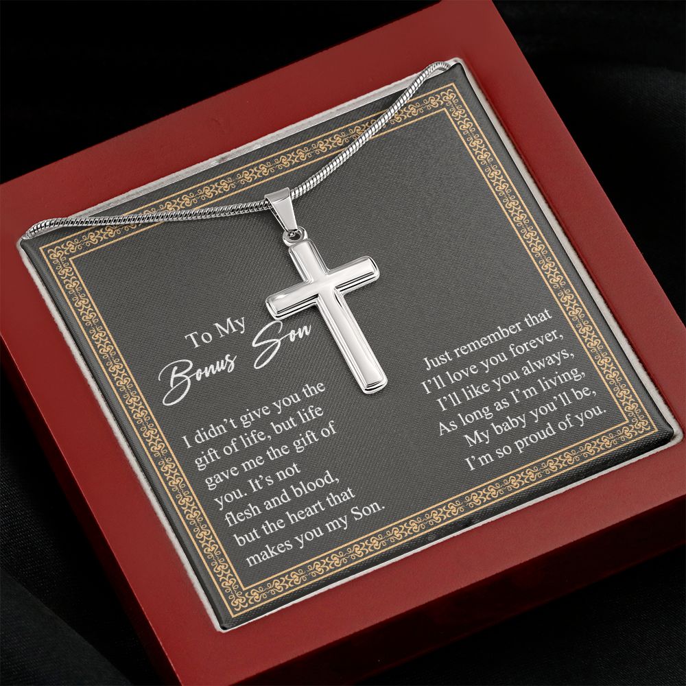 To My Bonus Son Necklace From Mom and Dad Jewelry Son Gifts From Mom and Dad, Mother and Son Necklace, Birthday Gift For My Son Graduation Christmas Stainless Steel Cross Necklace Present for Son