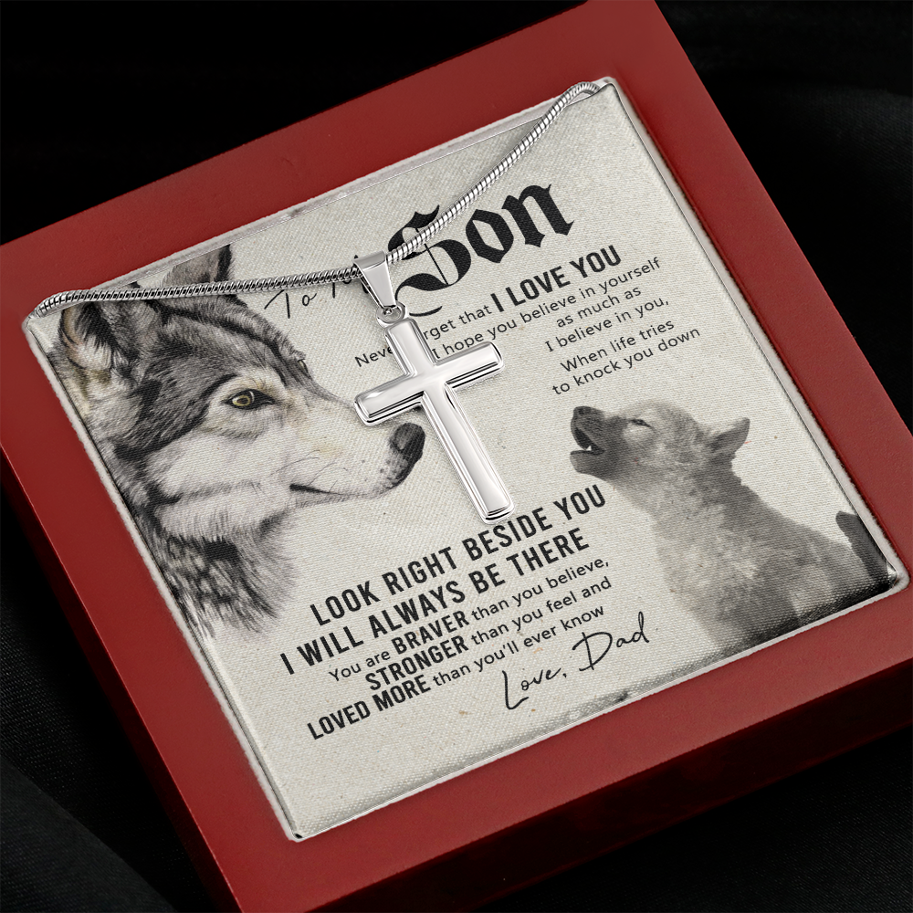 Wolf Father to Son Engraved Cross Necklace Birthday Gift for Son Meaningful gift
